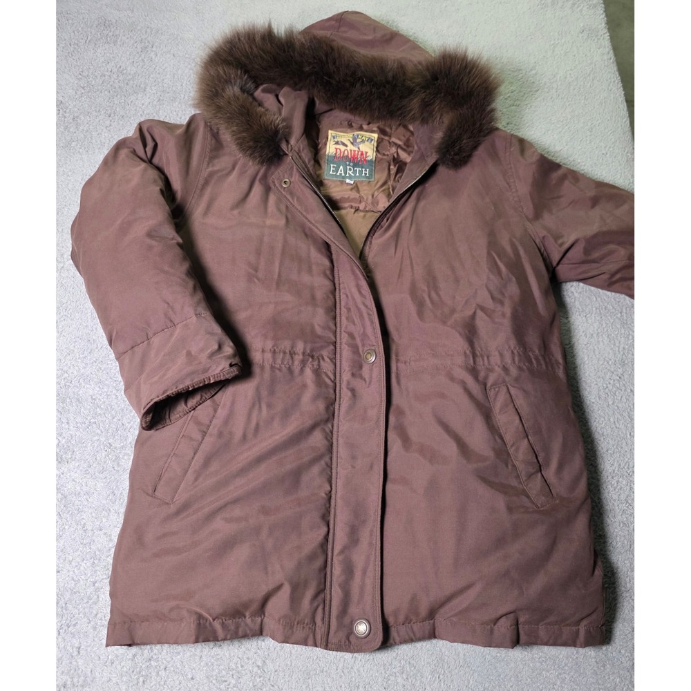 Herman Kay Women M Parka Brown Down Fill Real Fox Fur Trim Hooded Winter Coat